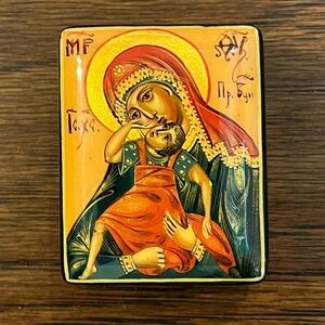 Antique Palekh Russian Lacquer Icon Box Finely Painted Donskaya Mary & Jesus